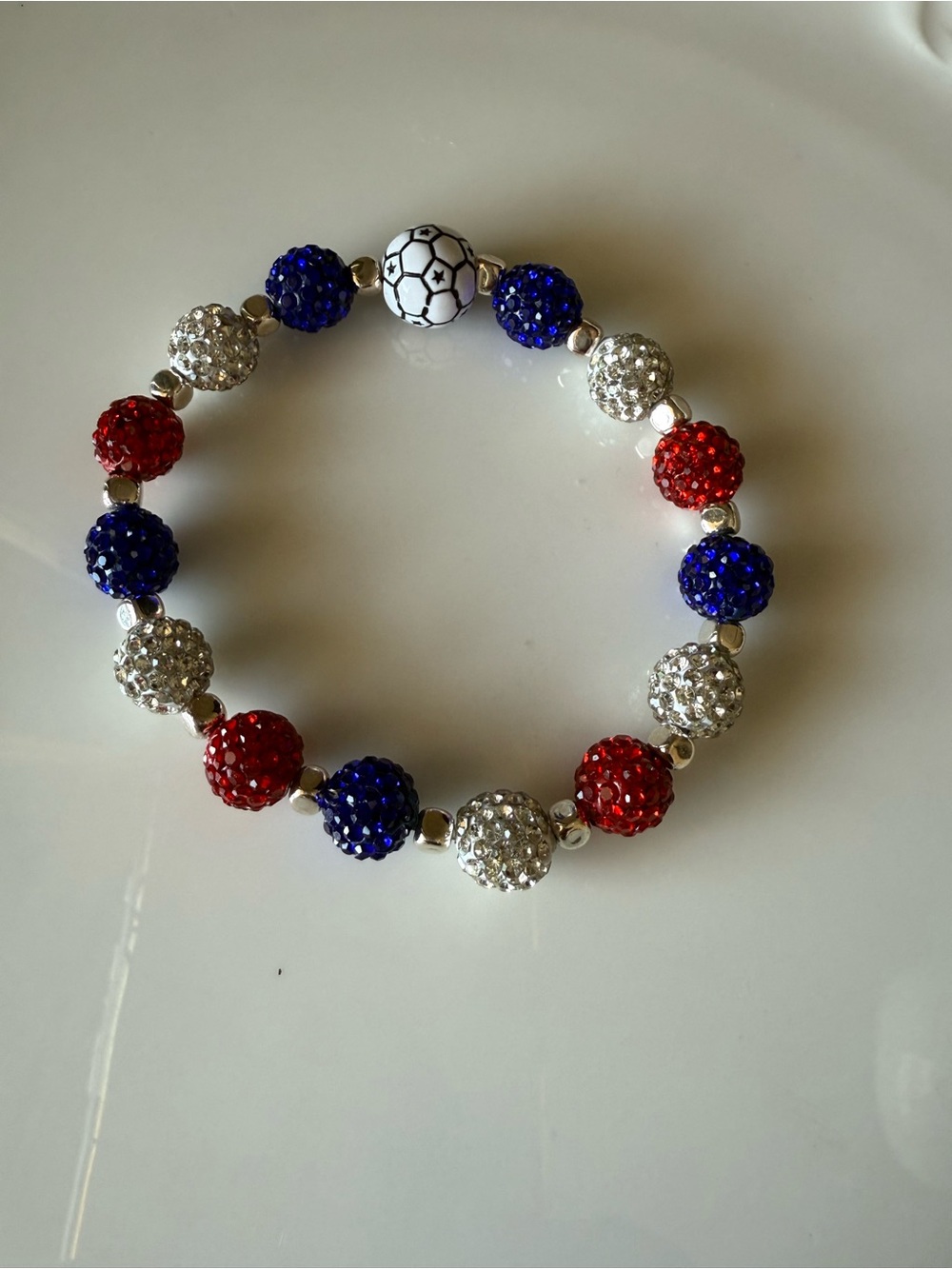 Sparkling Red, Blue & Silver Beaded Stretch Bracelet with a soccer charm